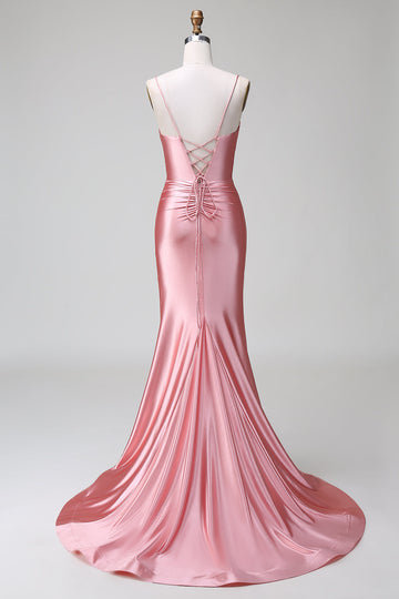 Blush Mermaid Spaghetti Straps Satin Formal Dress with Slit